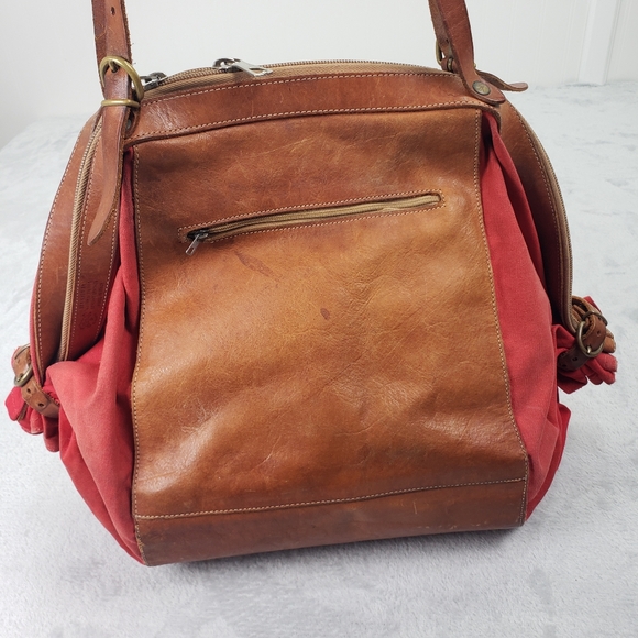 IL Bisonte Candy Leather / Canvas Large Tote Shoulder Bag Red Tan Brown Purse - Picture 8 of 16